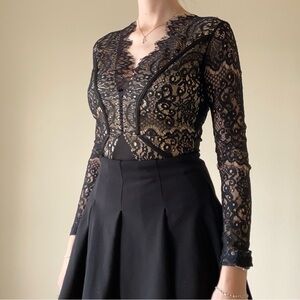 Windsor Black Sheer Lace Long Sleeve Bodysuit Top Small